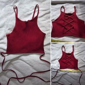 Dark Red Lace Up Crop Tank – Women’s Small Tie Back Sleeveless Top